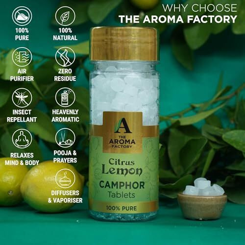 The Aroma Factory Pure Camphor Tablets, Citrus Lemon & Lavender, Zero Residue Kapoor With Fragrance For Pooja, Aarti Kapur | Bottle Pack Of 2 X 80Gm