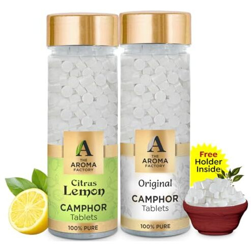 The Aroma Factory Pure Camphor Tablets, Citrus Lemon & Original, Zero Residue Kapoor With Fragrance For Pooja, Aarti Kapur | Bottle Pack Of 2 X 80Gm