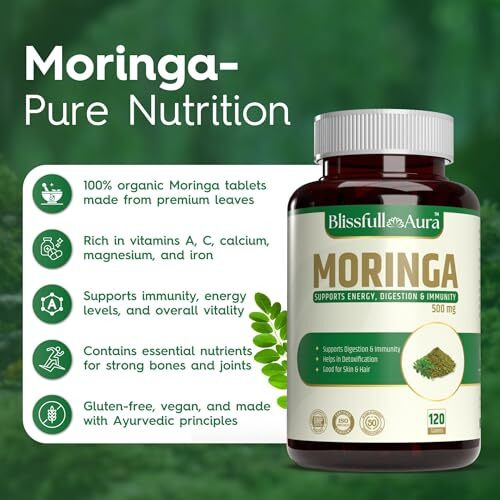 Blissfull Aura Organic Moringa Tablets, Stress Relief, Immunity Booster, 100% Natural, Helps In Digestion And Antioxidants, 120 Tablets