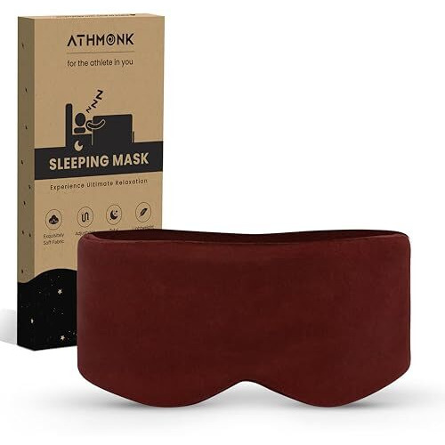 Athmonk Luxury Velvet Extra-Wide Sleeping Eye Mask Blind Fold - Essential Travel Accessories - Blindfold For Sleeping - Eye Mask For Sleeping Men & Women - Complete Blackout - Velcro Strap - Maroon