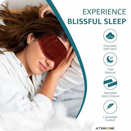 Athmonk Luxury Velvet Extra-Wide Sleeping Eye Mask Blind Fold - Essential Travel Accessories - Blindfold For Sleeping - Eye Mask For Sleeping Men & Women - Complete Blackout - Velcro Strap - Maroon