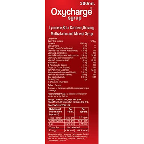 Oxycharge Lycopene Multivitamin And Mineral Syrup 300 Ml For Overall Health, Radiance, Strong Bones & Immunity For Men And Women (Pack Of 1)