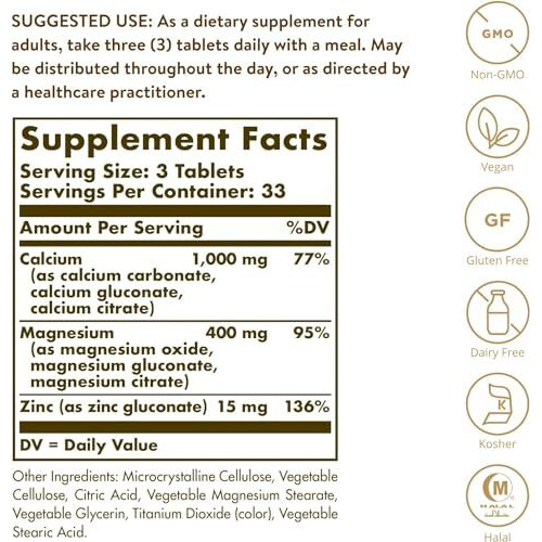 S.Olgar Calcium Magnesium Plus Zinc, 100 Tablets - Promotes Healthy Bones And Teeth - Supports Nerve & Muscle Function - Non Gmo, Vegan, Gluten Free, Dairy Free, Kosher, Halal - 33 Servings
