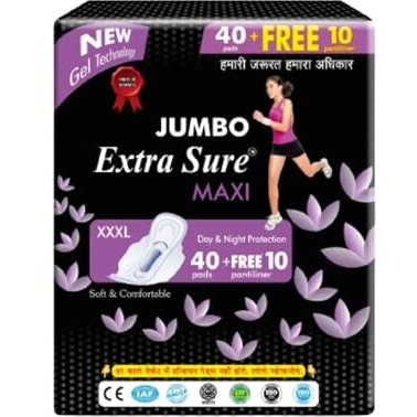 Jumbo Extra Sure Maxi Sanitary Pads Xxxl | 320Mm | Day And Night Protection | Soft And Comfortable - Pack Of 40 Pads + 10 Free Pantyliners (Pack Of 2)
