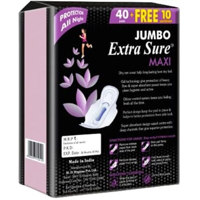 Jumbo Extra Sure Maxi Sanitary Pads Xxxl | 320Mm | Day And Night Protection | Soft And Comfortable - Pack Of 40 Pads + 10 Free Pantyliners (Pack Of 2)