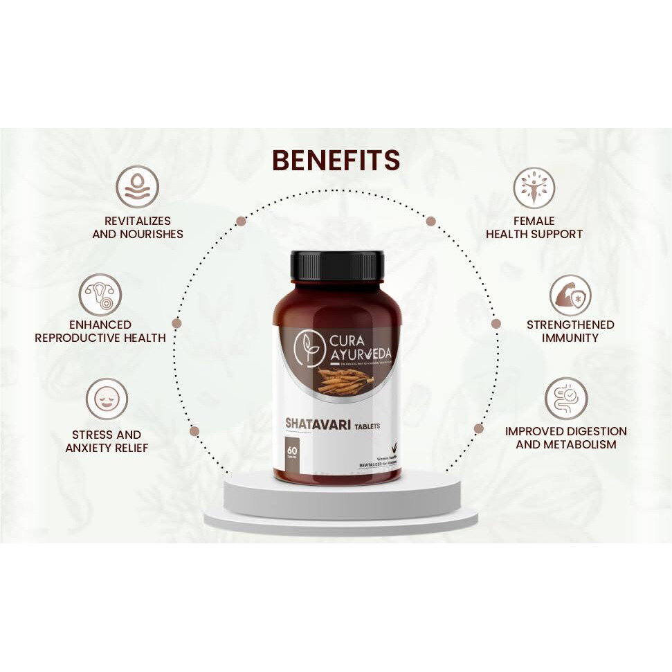 Cura Ayurveda Shatavari 100% Natural Women's Wellness Tablets | Female Health Support Supplement | Stress Relief, Immunity Boost - Pack Of 60 Tablets