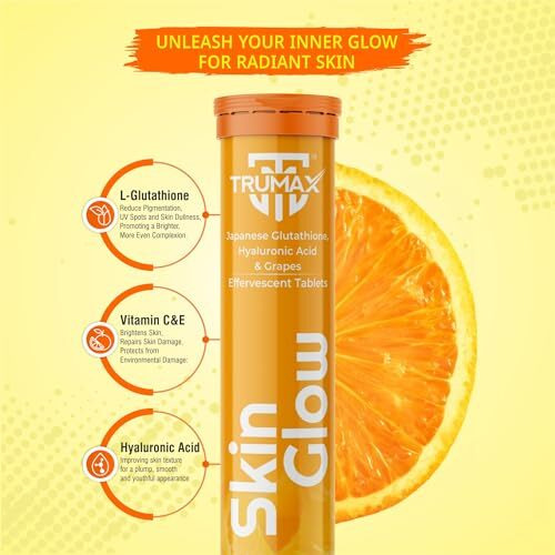 Trumax Japanese Sugarfree Glutathione Tablets For Skin Whitening 500Mg, 20 Effervescent Tablets Tangy Orange With L-Glutathione, Hyaluronic Acid & Vitamin C For Antioxidant Defense & Anti-Dark Spot Care