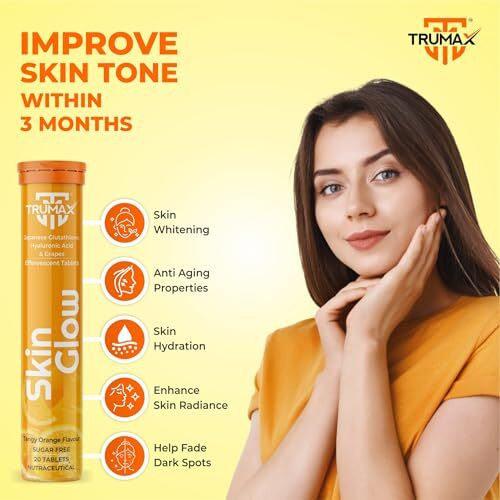 Trumax Japanese Sugarfree Glutathione Tablets For Skin Whitening 500Mg, 20 Effervescent Tablets Tangy Orange With L-Glutathione, Hyaluronic Acid & Vitamin C For Antioxidant Defense & Anti-Dark Spot Care