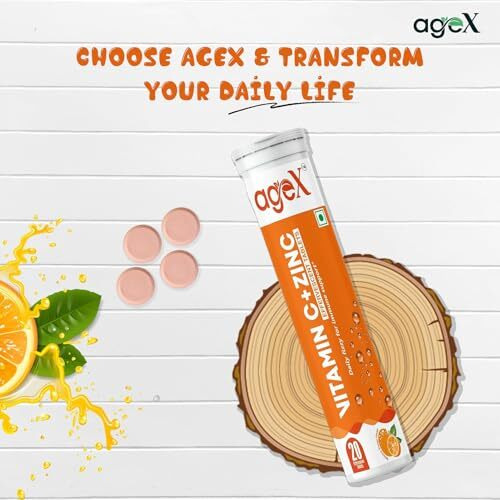 Agex Vitamin C + Zinc Effervescent Tablets  Natural Immunity Booster For Skin, Hair & Nails | Supports Collagen Production & Immune Health | 40 Effervescent Tablets (Pack Of 2)