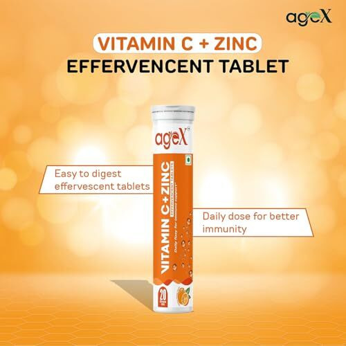 Agex Vitamin C + Zinc Effervescent Tablets  Natural Immunity Booster For Skin, Hair & Nails | Supports Collagen Production & Immune Health | 40 Effervescent Tablets (Pack Of 2)