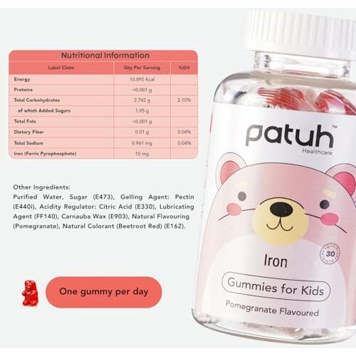 Patuh Healthcare Iron Gummies For Kids (4 Years & Above) Natural Pomegranate Flavor 100% Vegetarian Formula, Kids Gummies To Prevent Fatigue And Boost Energy Supports Immune System (Pack Of 1)
