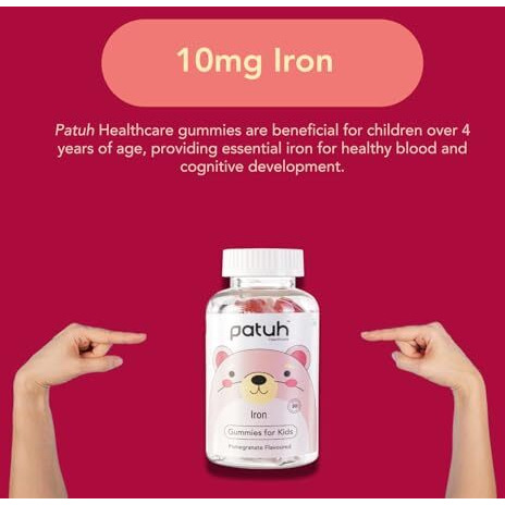 Patuh Healthcare Iron Gummies For Kids (4 Years & Above) Natural Pomegranate Flavor 100% Vegetarian Formula, Kids Gummies To Prevent Fatigue And Boost Energy Supports Immune System, (Pack Of 2)
