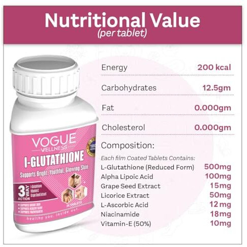 Vogue Wellness L Glutathione Tablets With Vitamin C, E, & Grape Seed Extract | Radiant & Glowing Skin Glowing Supplement | Reduces Skin Pigmentation | Free Radical Fighter (3)
