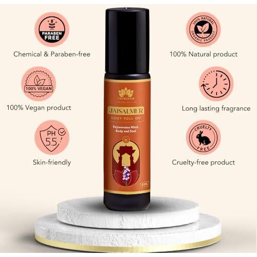 Vrindaam Jaisalmer Natural Ayurvedic Body Roll On With Lingering Scent For Daily Use & Romantic Evenings | Lavender, Orange, Lemon & Jasmine Essential Oils | Long Lasting Aromatic Body Roll On 8Ml