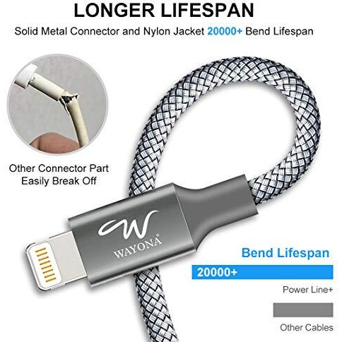 Wayona Nylon Braided Usb To Lightning Fast Charging And Data Sync Cable Compatible For Iphone 14,13, 12,11,X, 8, 7, 6, 5, Ipad Air, Pro, Mini (3 Ft Pack Of 1, Grey)