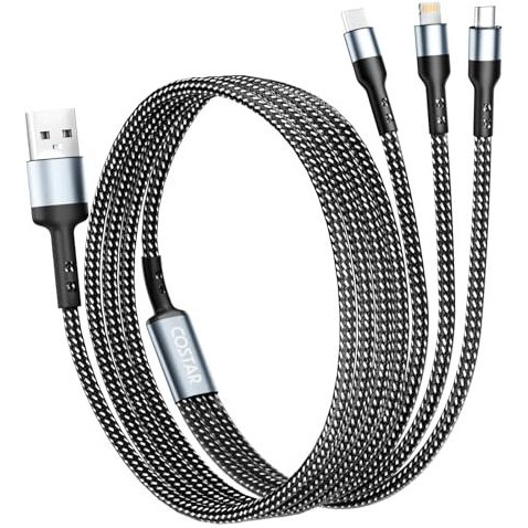 Costar 60W 3-In-1 Multi Fast Charging Cable  3A Nylon Braided 1.5M Cable With Lightning, Type-C & Micro Usb For Iphone, Ipad, Samsung, Oneplus, Xiaomi, Oppo, Vivo, Android & Car Charging (Black)