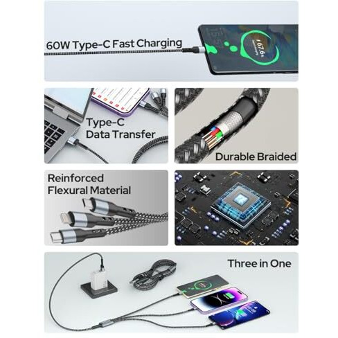 Costar 60W 3-In-1 Multi Fast Charging Cable  3A Nylon Braided 1.5M Cable With Lightning, Type-C & Micro Usb For Iphone, Ipad, Samsung, Oneplus, Xiaomi, Oppo, Vivo, Android & Car Charging (Black)
