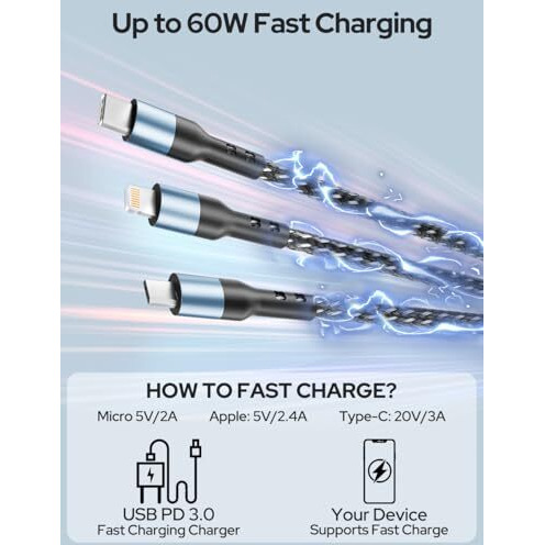 Costar 60W 3-In-1 Multi Fast Charging Cable  3A Nylon Braided 1.5M Cable With Lightning, Type-C & Micro Usb For Iphone, Ipad, Samsung, Oneplus, Xiaomi, Oppo, Vivo, Android & Car Charging (Black)