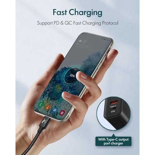Wayona Type C To Type C 65W/3.25A Fast Charging 3M/10Ft Long Braided Usb C To C Cable Compatible With Iphone 15 Series,Samsung Galaxy S25 Ultra,S24/S23/S22/S21/S20, Ipad, Macbook Air/Pro (3M, Black)