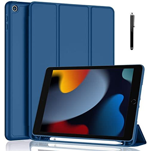 Proelite Smart Case For Ipad 10.2 Inch 2021 9Th/8Th/7Th Gen [Auto Sleep/Wake Cover] [Pencil Holder] [Soft Flexible Case] Recoil Series - Dark Blue With Stylus Pen