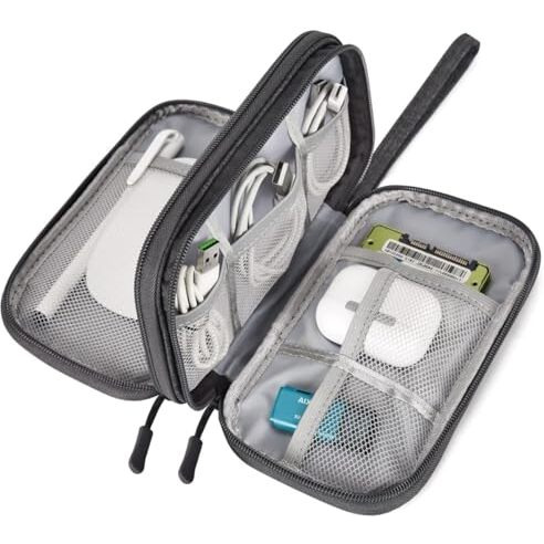Saleon 8.3X5 Inch Portable Storage Organizer Bag Usb Cable, Earphone, Power Bank, Mobile Charger, Hard Disk & Digital Gadgets With Mesh, Dual Zippers & Elastic Loops, Inside Color May Vary, Grey