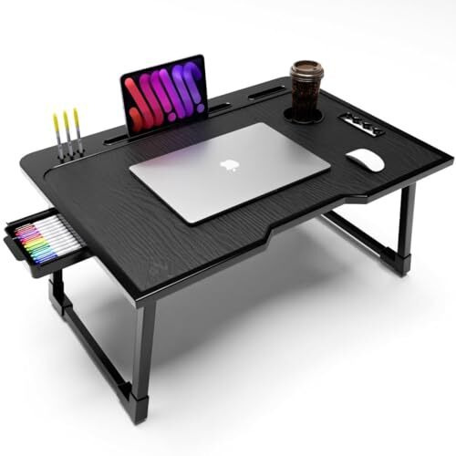 Foldable Wooden Mini Laptop Table For Bed, Smart Study Table With Drawer Kids & Adults (Us-Cotteds .Black.A2)