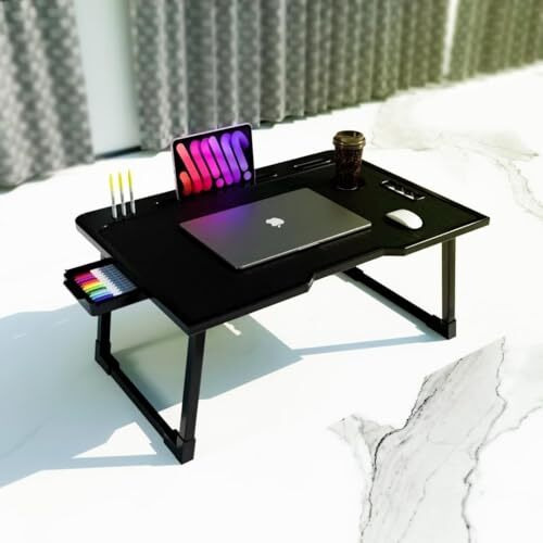 Foldable Wooden Mini Laptop Table For Bed, Smart Study Table With Drawer Kids & Adults (Us-Cotteds .Black.A2)