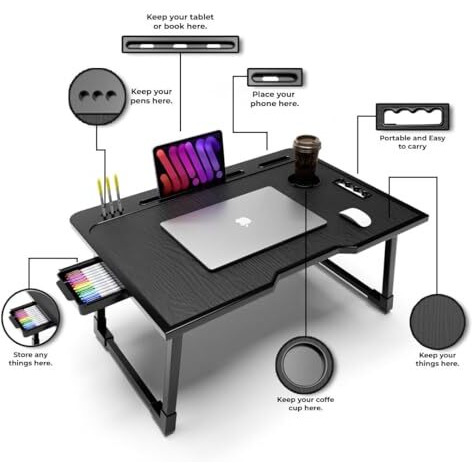 Foldable Wooden Mini Laptop Table For Bed, Smart Study Table With Drawer Kids & Adults (Us-Cotteds .Black.A2)