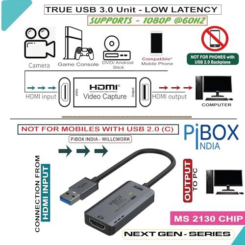 Upgraded Video Capture Card Cable Gen 3 60 Fps, Pibox India 4K Hdmi To Usb 3.0 Mjpeg Yuv Game Capture Device Aluminium Windows Android Mac,Hd 1080P 60Fps Video Live Streaming Gaming, Teaching - 2024