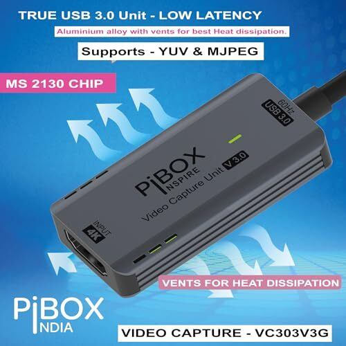 Upgraded Video Capture Card Cable Gen 3 60 Fps, Pibox India 4K Hdmi To Usb 3.0 Mjpeg Yuv Game Capture Device Aluminium Windows Android Mac,Hd 1080P 60Fps Video Live Streaming Gaming, Teaching - 2024