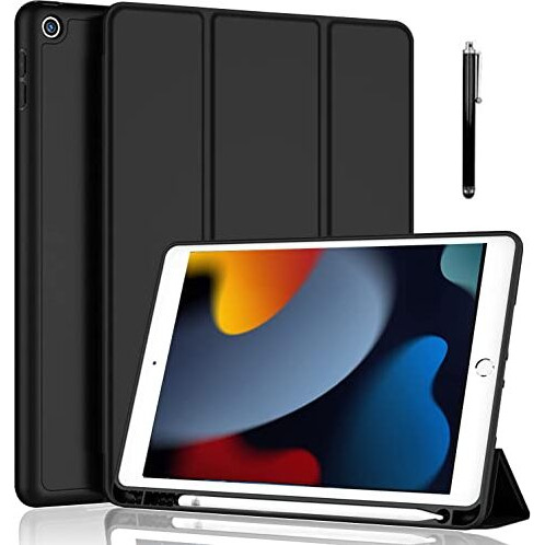 Proelite Smart Case For Ipad 10.2 Inch 2021 9Th/8Th/7Th Gen [Auto Sleep/Wake Cover] [Pencil Holder] [Soft Flexible Case] Recoil Series - Black With Stylus Pen