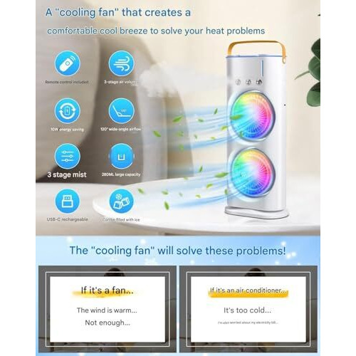 Oumffy 4000Mah Double Ended Spray Fan, Cold Air, 2025 New 3 Gears Usb Rechargeable Oscillating Fan With Led Light Cooler, Touch & Remote Control, 280Ml Water Tank, Ice Filling Fan (White)