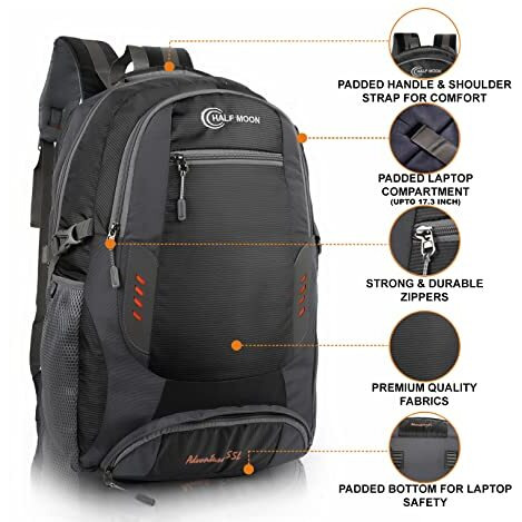 Half Moon Extra Large Size 55L Waterproof 6 Compartment Rucksack Bags/Trekking Bags, Polyester Black | With Laptop Compartment & Rain Cover | For Trekking, Hiking, Travel Backpack For Unisex