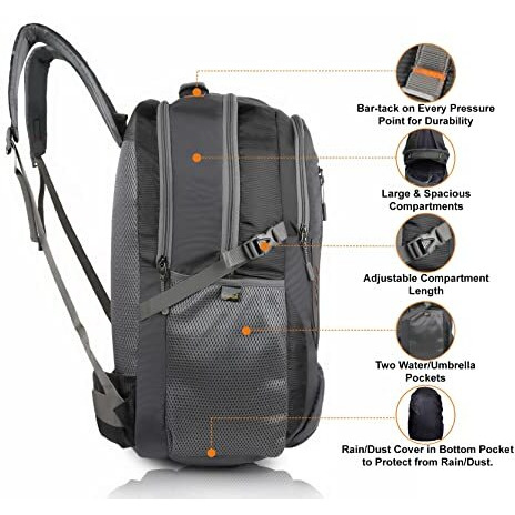 Half Moon Extra Large Size 55L Waterproof 6 Compartment Rucksack Bags/Trekking Bags, Polyester Black | With Laptop Compartment & Rain Cover | For Trekking, Hiking, Travel Backpack For Unisex