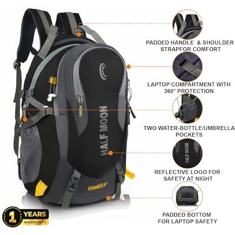 Half Moon 45L Hammer Waterproof 4 Compartment Rucksack Bags For Men/Trekking Bags For Men | With 17.3" Laptop Compartment & Rain Cover | For Trekking, Hiking, Travel Backpack For Unisex (Black)