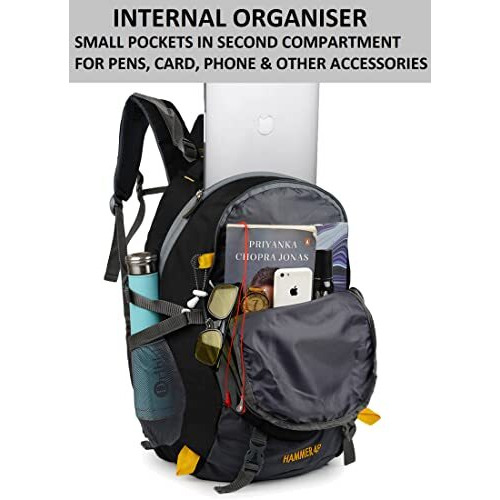 Half Moon 45L Hammer Waterproof 4 Compartment Rucksack Bags For Men/Trekking Bags For Men | With 17.3" Laptop Compartment & Rain Cover | For Trekking, Hiking, Travel Backpack For Unisex (Black)