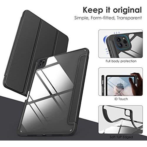 Proelite Case For Ipad Air 11 Inch M3/M2 2025/2024, Ipad Air 10.9 Inch 5Th/4Th Gen & Ipad Pro 11 Inch 4Th/3Rd Gen 2022 Case Cover, Transparent Smart Flip Cover With Pencil Holder, Black