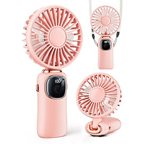 Portable Handheld 4000Mah Battery Operated Fan With Led Display, 3 In 1 Personal Small Fan For Neck/Desk, 90 Foldable With Base, 5 Speed Lash Makeup Fan Pink
