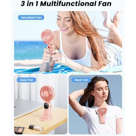 Portable Handheld 4000Mah Battery Operated Fan With Led Display, 3 In 1 Personal Small Fan For Neck/Desk, 90 Foldable With Base, 5 Speed Lash Makeup Fan Pink