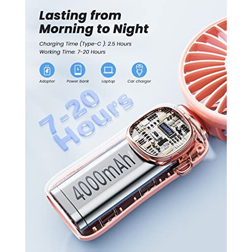 Portable Handheld 4000Mah Battery Operated Fan With Led Display, 3 In 1 Personal Small Fan For Neck/Desk, 90 Foldable With Base, 5 Speed Lash Makeup Fan Pink