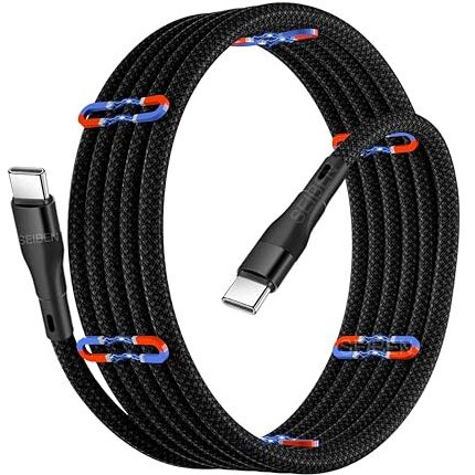 Magnetic Coiled Type C To Type C Cable, 65W / 3.1A Magnetic Coiled O-Magcable Nylon Braided For Laptops And Smartphones, Magcable Pd Technology, Qc 3.0 Charging - 1.2 Meter , Type C - Type C , Black
