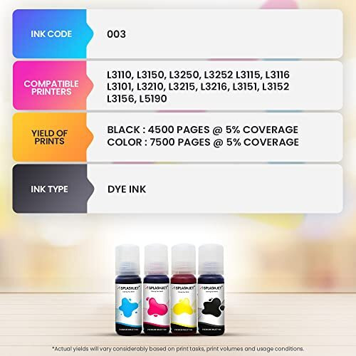 Splashjet 003 Compatible Refill Ink For Epson L3150, L3110, L3250, L3210, L3252, L3150, L3116, L3101,L3215, L3216, L3151, L3152, L3156, L5190 Printer Ink - (Black - 70G X 2) - 501738