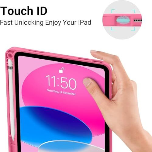 Proelite Smart Case For Ipad (A16) 11Th/10Th Generation (2025/2022) [Auto Sleep/Wake Cover] [Left Side Pencil Holder] [Soft Flexible Case] Recoil Series - Hot Pink