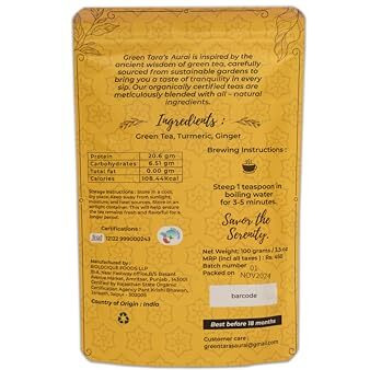 Green Tara's Aurai Turmeric Ginger Herbal Tea | Organic 100G (3.52 Oz) | Ayurvedic Detox Blend With Curcumin | Caffeine-Free Whole Leaf Infusion | 100% Natural | Resealable Pouch For Freshness
