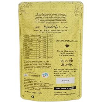 Green Tara's Aurai Lemon Ginger Green Tea | Certified Organic 100G (3.52 Oz) | Whole Leaf Blend | Refreshing & Soothing | Low Caffeine | Gluten-Free & Non-Gmo | Resealable Zipper Pack