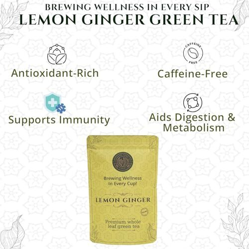Green Tara's Aurai Lemon Ginger Green Tea | Certified Organic 100G (3.52 Oz) | Whole Leaf Blend | Refreshing & Soothing | Low Caffeine | Gluten-Free & Non-Gmo | Resealable Zipper Pack