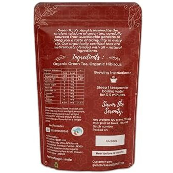Green Tara's Aurai Hibiscus Green Tea | Certified Organic 100G (3.52 Oz) | Herbal Wellness Tea | Premium Whole Leaf Blend | Antioxidant-Rich | Caffeine-Free | Resealable Ziplock Pouch For Freshness