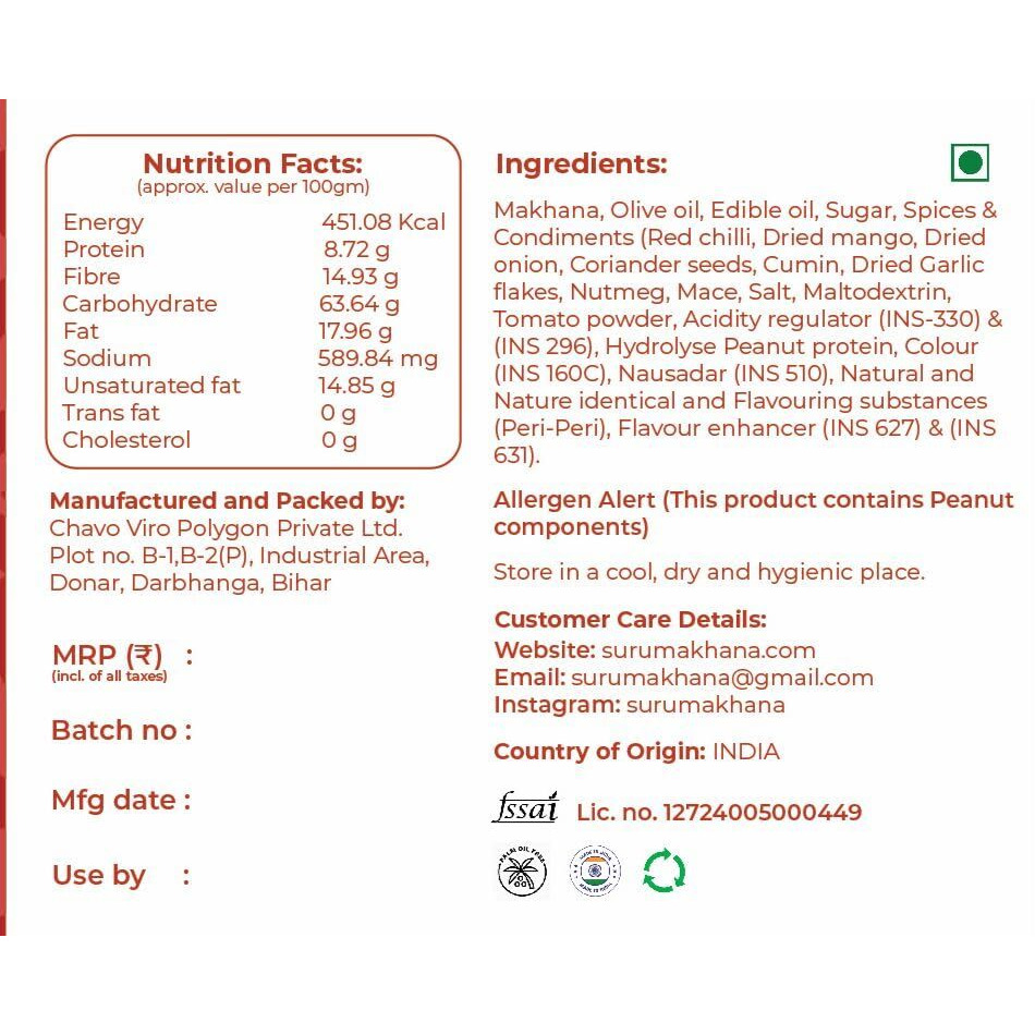 Suru Peri Peri Flavoured Makhana (Foxnuts), Roasted With Olive Oil, 90G Each (Pack Of 2)