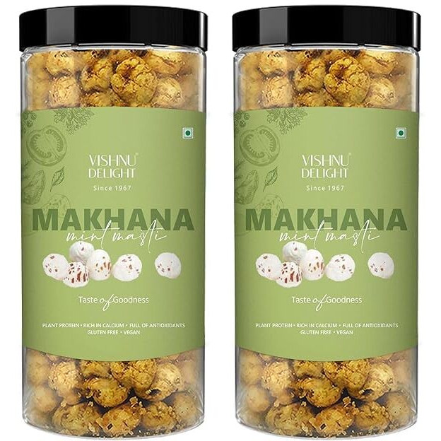 Vishnu Delight Roasted Organic Makhana, Mint Masti Flavor, 2 Packs Of 90G Each - Refreshing, Cooling, And Deliciously Addictive Fox Nut Snacks With A Hint Of Minty Freshness