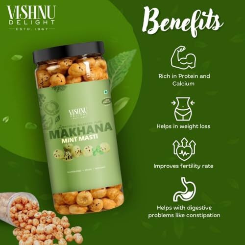 Vishnu Delight Roasted Organic Makhana, Mint Masti Flavor, 2 Packs Of 90G Each - Refreshing, Cooling, And Deliciously Addictive Fox Nut Snacks With A Hint Of Minty Freshness